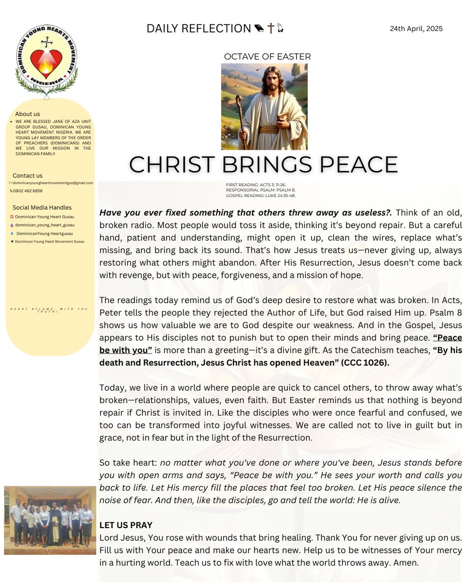 Join us in reflecting on today’s  message.
God bless God always. Amen 🙏 
#Hallelujahisoursong🎶
#BlessedJaneofAzaGusau
#Dominicans
