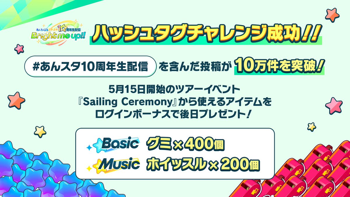 【10周年生配信御礼】

🎊ハッシュタグチャレンジ成功！🎊
投稿件数が【🔟万件】突破！たくさんの投稿ありがとうございます🎶

5月15日からのツアーイベントで使える大量の回復アイテムのプレゼントが決定しました❗️

#あんスタ10周年生配信