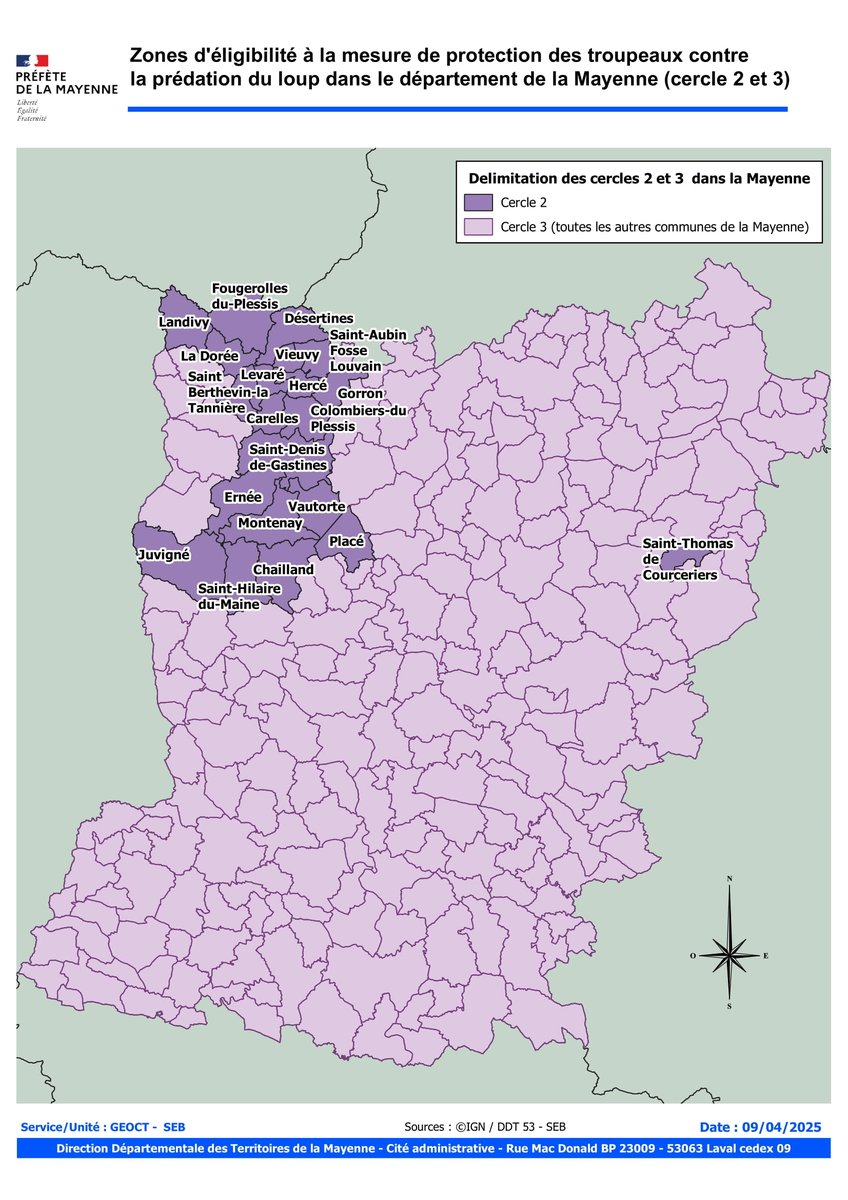 #Agriculture #Biodiversité Aides à la protection des troupeaux ovins 🐑 et caprins 🐐 contre la prédation par le #loup 🐺 en #Mayenne ❗️
📢 Passage en cercle 2⃣ de certaines communes ouvrant la possibilité aux éleveurs ovins et caprins d’obtenir des aides pour financer des