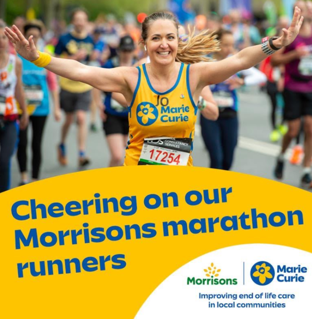 Morrisons's tweet image. This Sunday, some of our amazing Morrisons colleagues are lacing up their running shoes and taking on the London Marathon, in support of our partner @MarieCurieUK. 🌼
📣 Join us in cheering them on - leave a message of support below! You’ve got this team!