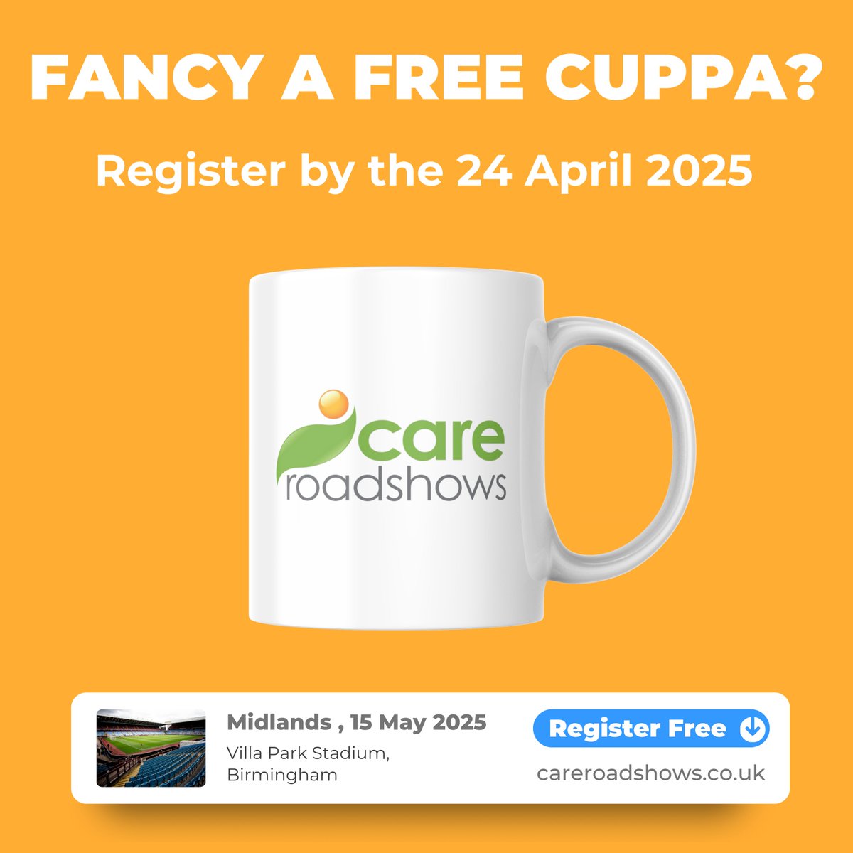 This is your last chance to get a free tea or coffee at #CareRoadshow Midlands.

All you have to do is register by the end of today, it's that simple. If you do, we’ll send your voucher in the post (make sure you bring it to the event)

Register here: careroadshows-2025.reg.buzz/twitterx