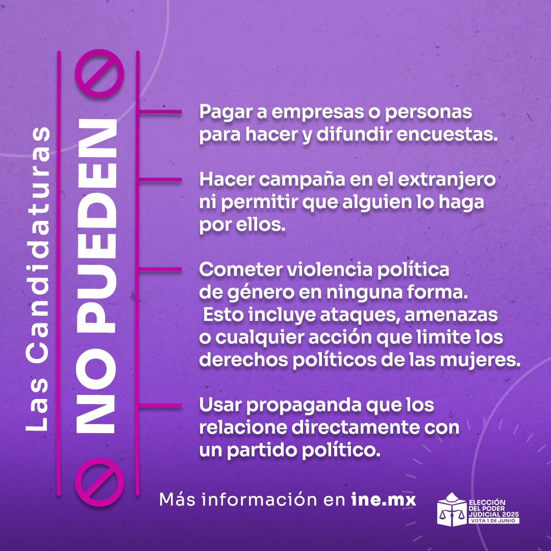 INEMexico's tweet photo. #ABCpoderJudicialMX Las candidaturas no te pueden ofrecer dinero, regalos o beneficios para influir en el voto. La decisión ciudadana libre asegura una justicia imparcial y confiable. #VotaPoderJudicial2025mx https://t.co/1bDqSN44U5