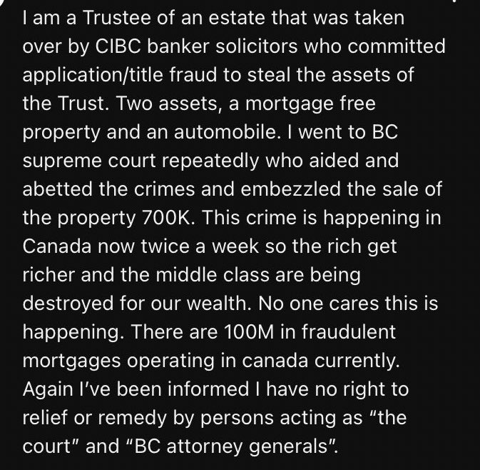 HatedByBCgovt's tweet photo. Mortgage free In Trust🏡stolen by fraudulent foreclosure facilitating money laundering~100M in fraudulent mortgages across🇨🇦

Comments contain links to investigative journalism of a victim naming the guilty https://t.co/LS1Qb7MZzI

@scoopercooper @SelfRepsCanada @TrueNorthCenter https://t.co/HInNprjx8A