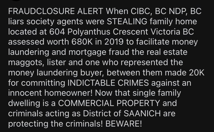 HatedByBCgovt's tweet photo. Mortgage free In Trust🏡stolen by fraudulent foreclosure facilitating money laundering~100M in fraudulent mortgages across🇨🇦

Comments contain links to investigative journalism of a victim naming the guilty https://t.co/LS1Qb7MZzI

@scoopercooper @SelfRepsCanada @TrueNorthCenter https://t.co/HInNprjx8A