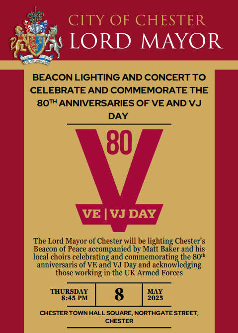 The Lord Mayor of Chester, supported by Matt Baker and his local choirs, are hosting a concert on 8 May 2025 at 8.30pm to commemorate VE Day 80 on Chester Town Hall Square.  

All are welcome to attend this special commemorative event.

#VEDay #80 #Chester #WW2