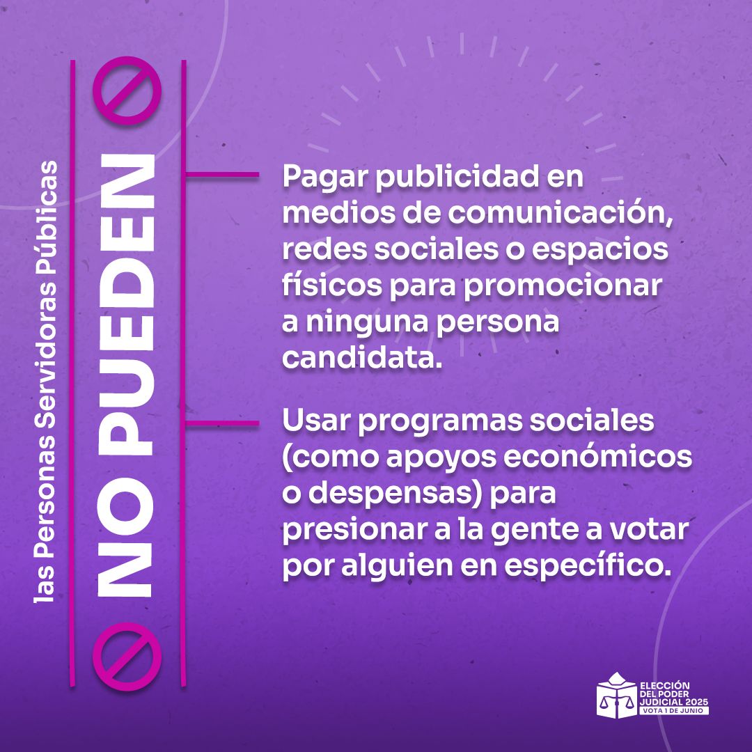 INEMexico's tweet photo. #ABCpoderJudicialMX La imparcialidad es clave en la democracia. Las personas servidoras públicas no pueden hacer proselitismo ni influir a favor o en contra de ninguna candidatura. #VotaPoderJudicial2025mx https://t.co/YvWNfWsDEE