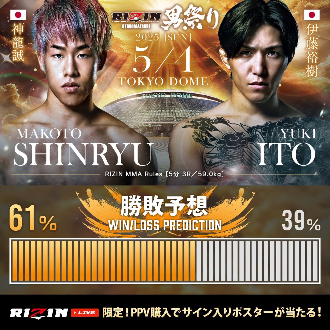 RIZIN LIVE OFFICIAL (@rizinlive_pr) on Twitter photo /
#RIZIN男祭り
勝敗予想結果発表📣
\
バンタム級ワンマッチ
RIZIN MMA ルール
🟥 #神龍誠 61%
ーーー🆚ーーー
🟦 #伊藤裕樹 39%
⏬『400円OFF』
お得なPPVチケットはリプ欄から🔥
#RIZIN見るならRIZINLIVE
#RIZIN
<a href="/makoto0705mma/">神龍誠 Makoto Shinryu Takahashi</a>
<a href="/yuki_mma/">伊藤裕樹 yuki ito</a> /
#RIZIN男祭り
勝敗予想結果発表📣
\
バンタム級ワンマッチ
RIZIN MMA ルール
🟥 #神龍誠 61%
ーーー🆚ーーー
🟦 #伊藤裕樹 39%
⏬『400円OFF』
お得なPPVチケットはリプ欄から🔥
#RIZIN見るならRIZINLIVE
#RIZIN
<a href="/makoto0705mma/">神龍誠 Makoto Shinryu Takahashi</a>
<a href="/yuki_mma/">伊藤裕樹 yuki ito</a>
