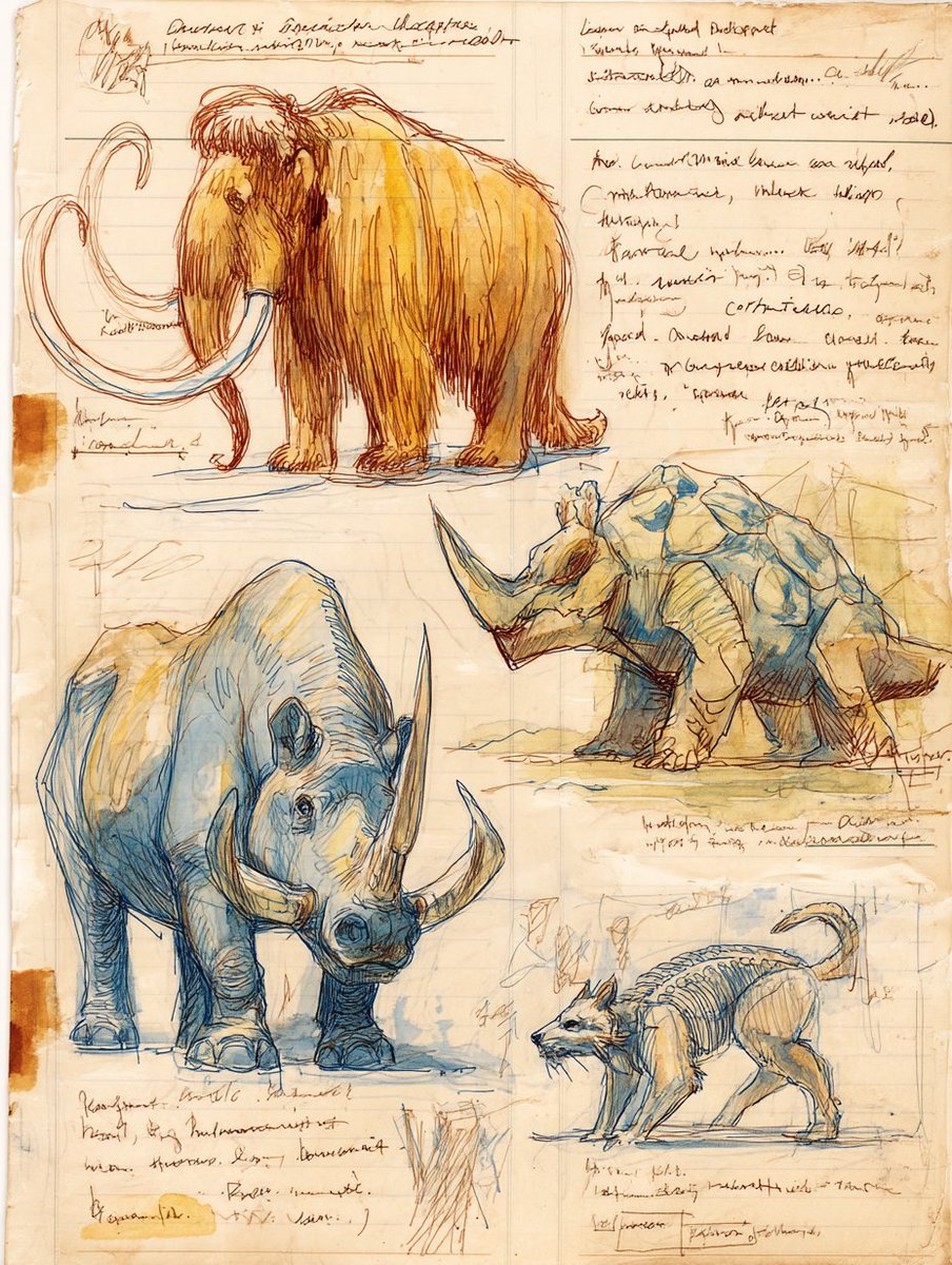 Artedeingenio's tweet photo. Continuing with my meme of the day theme about extinct animals, I want to share this Midjourney V7 prompt featuring a scientific sketchbook page that fits perfectly with the idea:

a page from a scientific sketchbook illustrating extinct mammals such as a mammoth, a Tasmanian devil, a saber-toothed tiger, a glyptodon and a woolly rhino, drawn with ballpoint pen and colored pencil, coffee stains, scraps of handwritten notes, field illustration style --ar 3:4 --raw --p --v 7

You can adapt it to any animal you can think of — or even shift it to a completely different theme. There are so many creative directions you can take with this.

Midjourney V7 handles this kind of aesthetic exceptionally well 🖊️📓