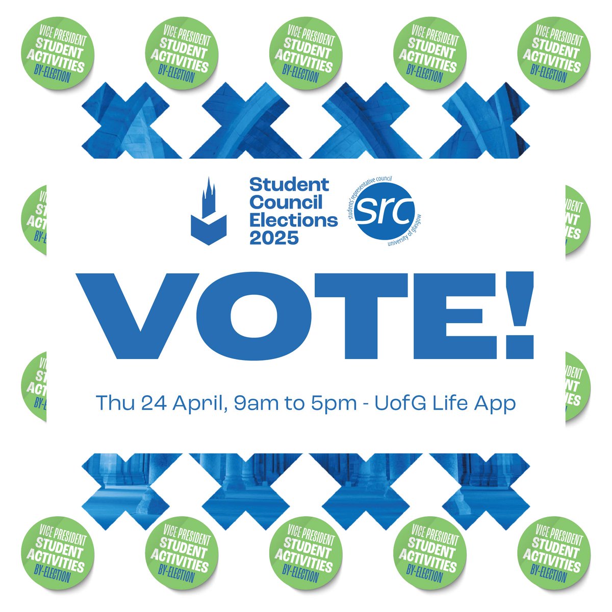 Vote TODAY for your next VP Student Activities! 🗳️

Vote via the @uofglifeapp or at gla.ac.uk/vote 📲

Voting will close at 5pm and results will be announced online from 6pm via a livestream on our Facebook page.

Good luck to all of the candidates! 🍀

#GUSRCelections