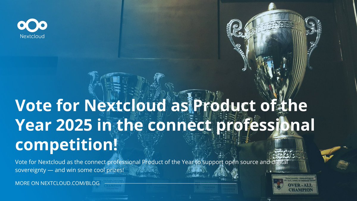 Nextclouders's tweet photo. Vote for Nextcloud as Product of the Year 2025 in the connect professional Readers’ Choice Awards!

💪 Let’s put digital sovereignty &amp; open source in the spotlight.

📥 Your voting guide: https://t.co/miXQiM5Rip

#Nextcloud #NextcloudHub10 #poty25 https://t.co/QeaiPm3H6S
