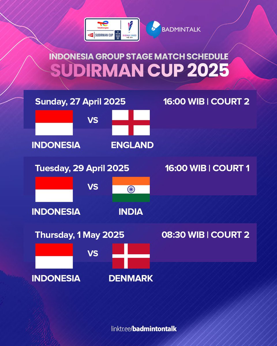 BadmintonTalk's tweet photo. Indonesia Group Stage Match Schedule - #SudirmanCup2025 

Sunday, 27 April 2025

INA VS ENG 
16.00 WIB

Tuesday, 29 April 2025

INA VS IND
16.00 WIB

Thursday, 1 May 2025

INA VS DEN
08.30 WIB https://t.co/CKlKXdoM1w