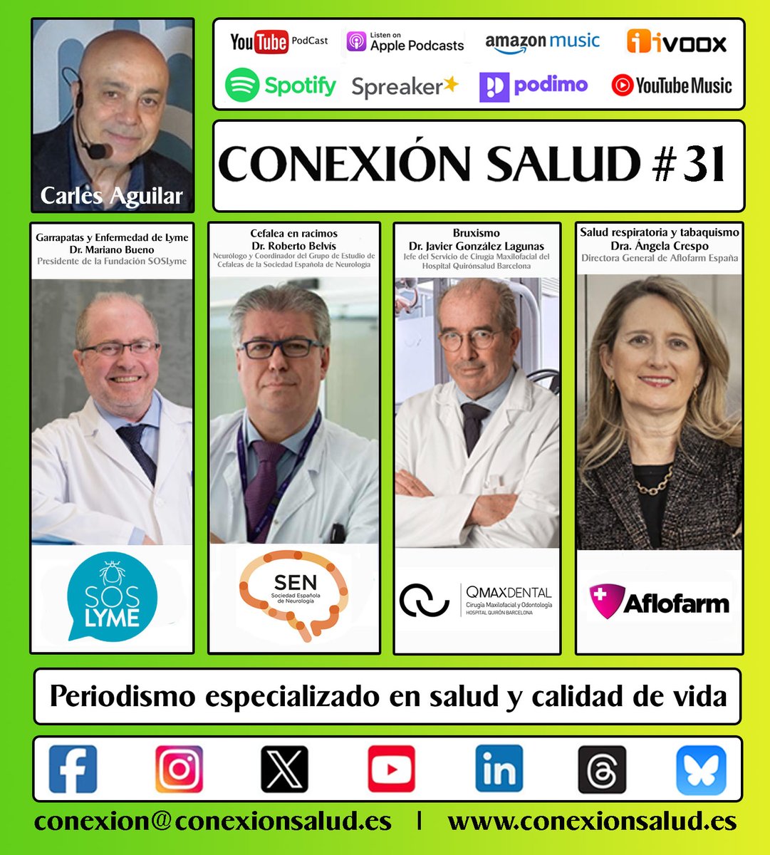 Episodio #31 - CONEXIÓN SALUD

▶️ tinyurl.com/3bdk8yhk ◀️

<a href="/dr_mbueno/">Doctor Mariano Bueno</a> 
#SosLyme
<a href="/robertbelvis/">Robert Belvís</a>
<a href="/maxilofacialbcn/">InstitutoMaxilofacialBarcelona</a>
<a href="/angelacrespomin/">Angela Crespo Minguez</a>
<a href="/seneurologia/">SEN</a>
<a href="/QS_Barcelona/">Hospital Quirónsalud Barcelona</a>
#Aflofarm
#ConexiónSalud
#Salud
#Prevención 
#CarlesAguilar

conexionsalud.es