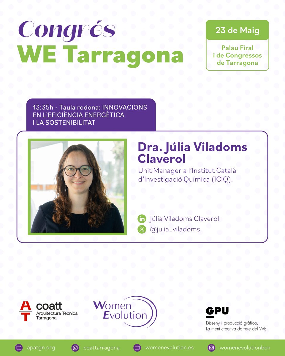 Women Evolution (@womenbcn) on Twitter photo ⭐🔬Congrés #WETarragona Impulsant el #TalentFemení <a href="/coattarragona/">COATT - Col·legi Oficial de l'Arquitectura Tècnica</a>
🙍♀️Ponent: Dra. Júlia Viladoms. Unit Manager a l'Institut Català d'Investigació Química <a href="/ICIQchem/">ICIQ</a>
📅23 de maig
🕛9.35h a 14.30h
📕Programa womenevolution.es/congres-we-tar…
🎟️Inscriu-te! inscribirme.com/we-tarragona-2… ⭐🔬Congrés #WETarragona Impulsant el #TalentFemení <a href="/coattarragona/">COATT - Col·legi Oficial de l'Arquitectura Tècnica</a>
🙍♀️Ponent: Dra. Júlia Viladoms. Unit Manager a l'Institut Català d'Investigació Química <a href="/ICIQchem/">ICIQ</a>
📅23 de maig
🕛9.35h a 14.30h
📕Programa womenevolution.es/congres-we-tar…
🎟️Inscriu-te! inscribirme.com/we-tarragona-2…