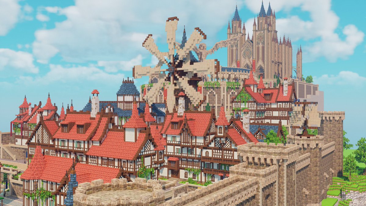 pkpkPONP's tweet photo. 原神の街モンドをマイクラで再現動画投稿しました～！
ついに街の向かって右側が全て埋まりました✨
https://t.co/CXk1maAL4C

#Minecraft #MiniaTuria #原神 https://t.co/0u31ilkMCQ