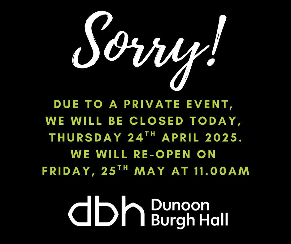 Dunoon Burgh Hall (@burghhalldunoon) on Twitter photo We're hosting a Creative Industries day today for local young people, so unfortunately we're not open to the public... 
but our cafe and gallery will reopen tomorrow, Friday, at 11am. We're hosting a Creative Industries day today for local young people, so unfortunately we're not open to the public... 
but our cafe and gallery will reopen tomorrow, Friday, at 11am.
