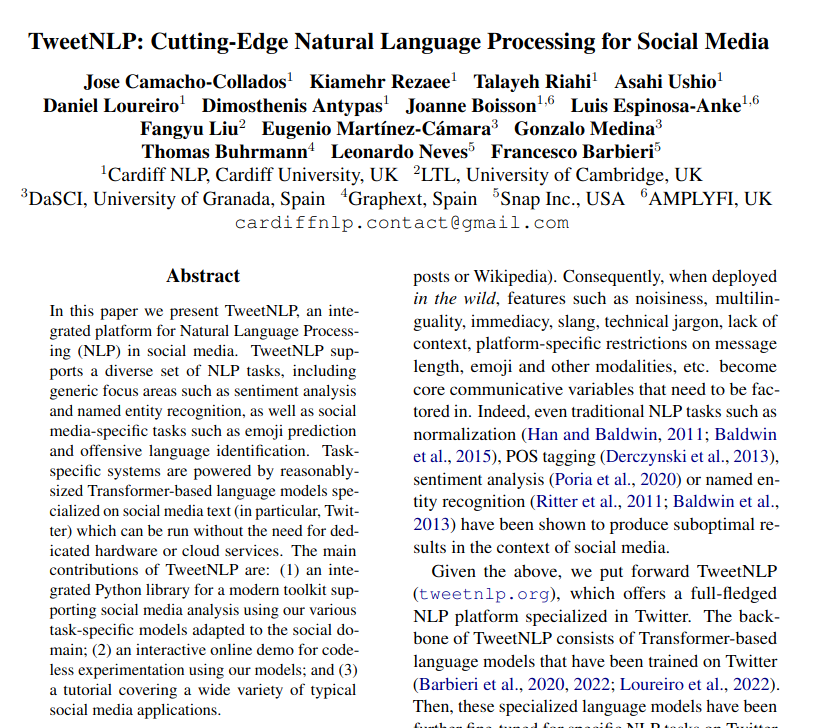 CamachoCollados's tweet photo. TweetNLP. This is definitely our most popular collection 🔥 With millions of downloads every month and over 500 million downloads overall, this collection contains specialised NLP models for sentiment analysis, emotion detection, offensive language identification and more.
