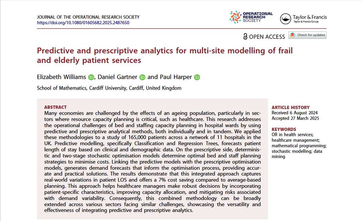 Elizabeth Williams (@lizziewilliams8) on Twitter photo Excited to share our new open-access article in JORS! 🎉 We look at how data-driven decisions can improve care for frail, elderly patients across multiple sites. Check is out here: doi.org/10.1080/016056…
#HealthcareAnalytics #FrailElderlyCare
<a href="/TheORSociety/">The OR Society</a> <a href="/tandfSTEM/">T&F STEM</a> <a href="/MathsCU/">Cardiff Uni Maths</a> Excited to share our new open-access article in JORS! 🎉 We look at how data-driven decisions can improve care for frail, elderly patients across multiple sites. Check is out here: doi.org/10.1080/016056…
#HealthcareAnalytics #FrailElderlyCare
<a href="/TheORSociety/">The OR Society</a> <a href="/tandfSTEM/">T&F STEM</a> <a href="/MathsCU/">Cardiff Uni Maths</a>