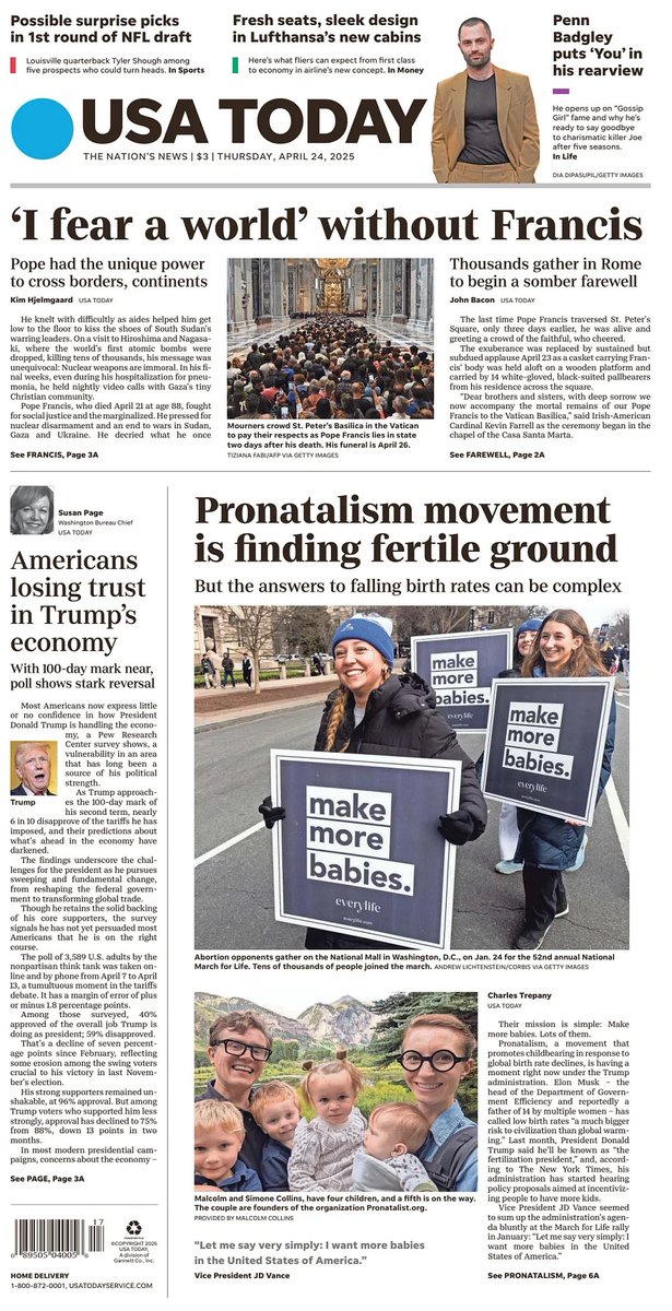 🇺🇸 Pronatalism Movement Is Finding Fertile Ground

▫But the answers to falling birth rates can be complex
▫<a href="/CTrepany/">Charlie Trepany</a>
▫is.gd/uu29bi

#frontpagestoday #USA <a href="/USATODAY/">USA TODAY</a> 🇺🇸