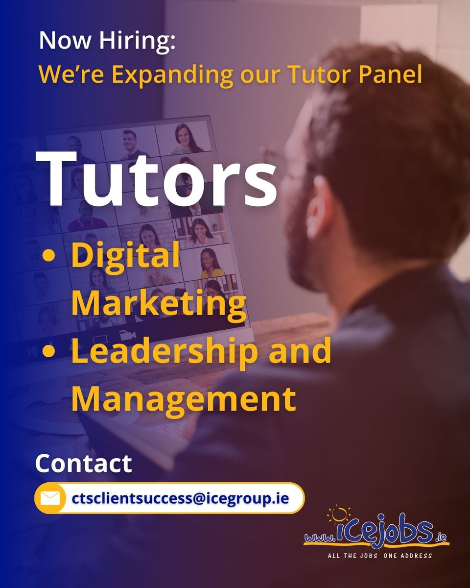 ICE Group is expanding its tutor panel for our exciting skills to advance courses. We're currently seeking passionate individuals to join us in the following areas:

🔹 Digital Marketing
🔹 Leadership &amp; Management

Please send your CV to ctsclientsuccess@icegroup.ie