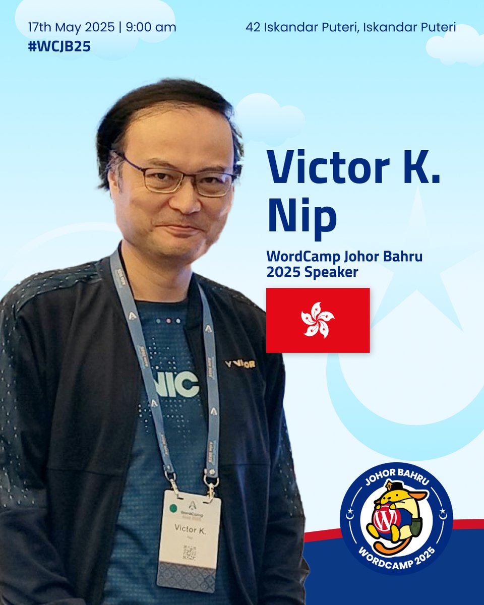 Meet Victor K. Nip at WordCamp Johor Bahru 2025!  

Session: Hidden Gems: Leveraging Less-Known WordPress Plugins

Date: 17/05/2025
Time: 11:20 AM
Location: Track 1 

Learn about 3 underrated plugins he's used for 8 years! Grab tickets: 
johorbahru.wordcamp.org/2025/tickets/ #WCJB25