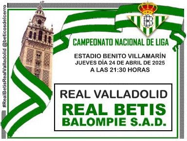 ¡Día de 𝘽𝙀𝙏𝙄𝙎!
#RealBetisRealValladolid #RealBetis #Betis #BeticosdelCerro
🟢 Real Betis - Real Valladolid 🟣
🏟 Benito Villamarín
🏆 LaLiga EA Sports
🕤 21:30
📺 DAZN