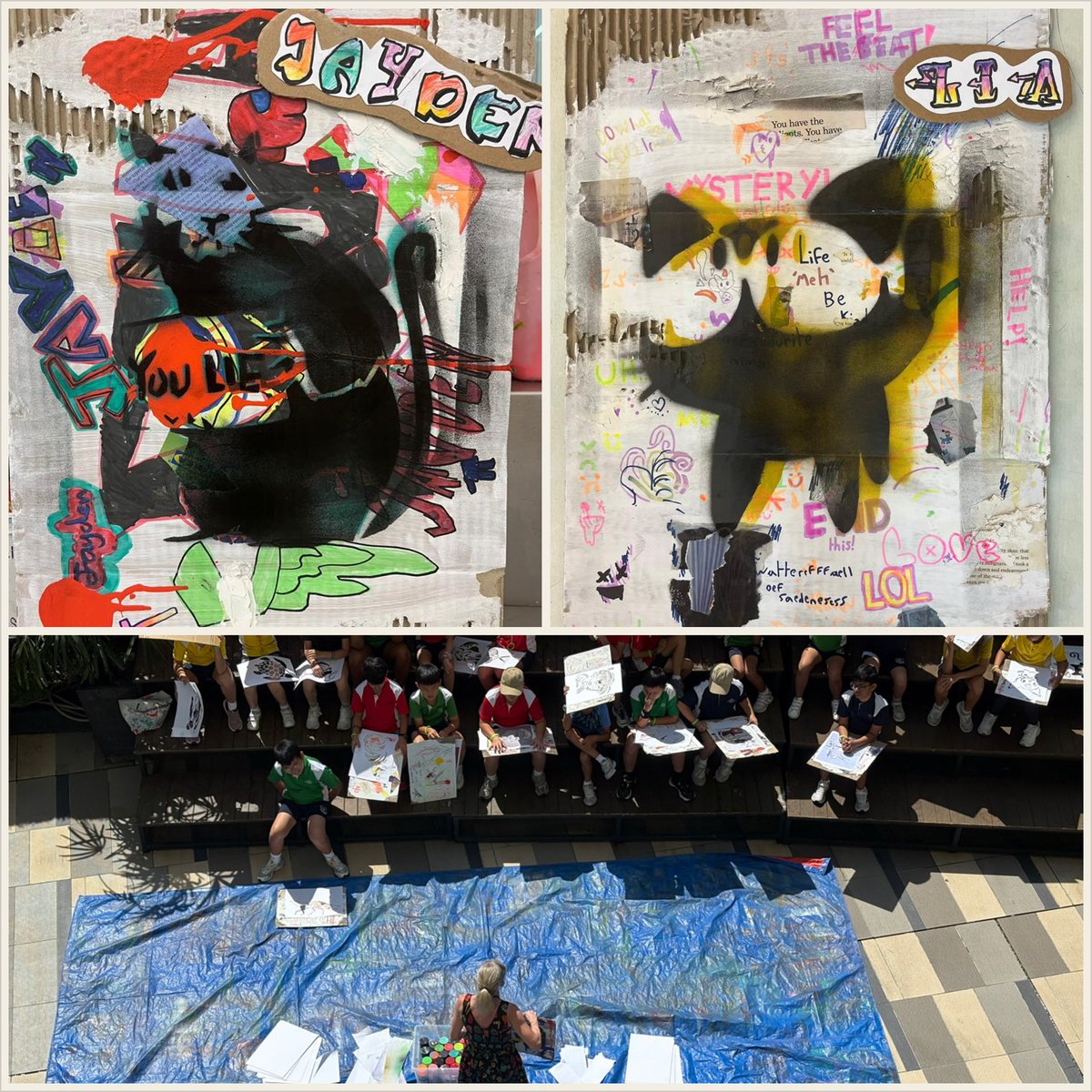 Year 5 putting the finishing #spraypaint touches to their #Banksy inspired #mixedmedia graffiti walls #ArtTeacher #happyartteacher #artlearning #mediaexploration #StudentsofGIS #GISLearning
