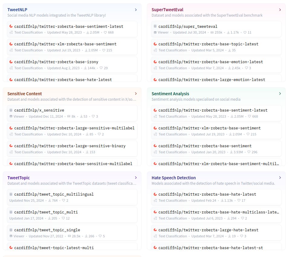 Jose Camacho-Collados (@camachocollados) on Twitter photo Our <a href="/Cardiff_NLP/">Cardiff NLP</a> team and collaborators have been releasing amazing NLP models and datasets over the last few years. We've now organised the content as <a href="/huggingface/">Hugging Face</a> collections 🤗
A short thread summarising some of these NLP resources, in particular related to social media! 🧵 Our <a href="/Cardiff_NLP/">Cardiff NLP</a> team and collaborators have been releasing amazing NLP models and datasets over the last few years. We've now organised the content as <a href="/huggingface/">Hugging Face</a> collections 🤗
A short thread summarising some of these NLP resources, in particular related to social media! đź§µ