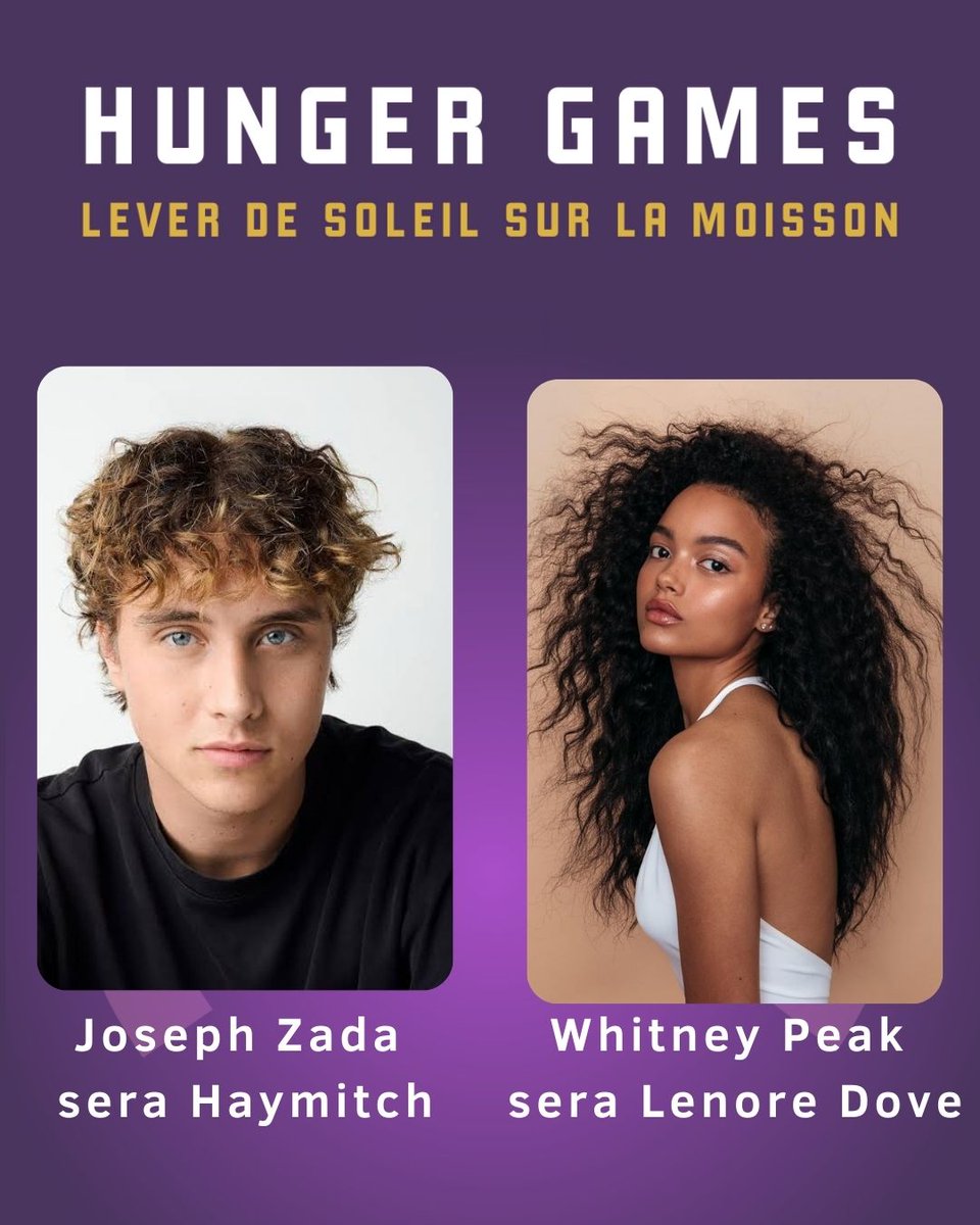 On connait les acteurs qui incarneront sur grand écran Haymitch et Lenore Dove ! Il s'agit de Joseph Zada et Whitney Peak. Qu'en pensez-vous ?
Pour rappel, l'adaptation cinématographique de #HungerGames : Lever de soleil sur la moisson est prévue pour novembre 2026.