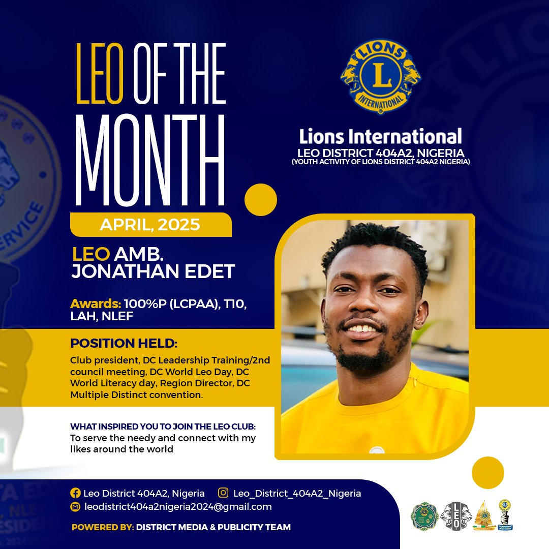 LeoDist404a2's tweet photo. MEET OUR LEO OF THE MONTH FOR APRIL🌟

Dear LEO AMB. Jonathan Edet, thank you for your selfless contributions and unwavering commitment. You are a shining example of service and leadership. 

Congratulations! 👏 

Powered by: Ultimate Media Team. https://t.co/Q6kOTA6gOn