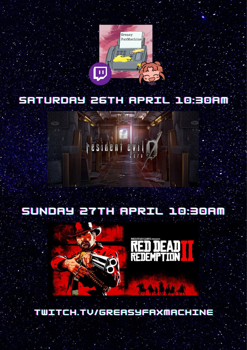 Back with retro horror and cowboys this weekend!

This has been maybe my favourite schedule for a long time, and I'm excited to play these games alongside you!

See you Saturday morning! UK time!

twitch.tv/GreasyFaxMachi…