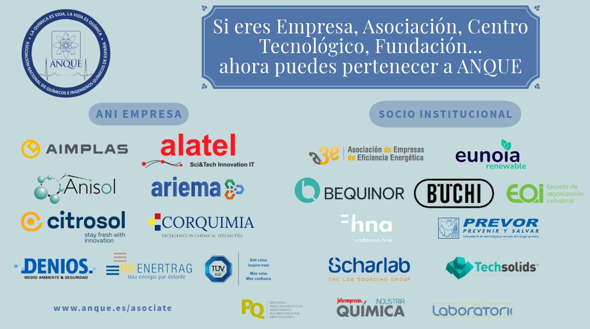anquequimicos's tweet photo. ¡Únete a ANQUE y potencia tu empresa! 

Formar parte de una comunidad que impulsa la innovación y el progreso.

 @aimplas  #Alatel #Anisol #ariema @Buchi @citrosol_com  @corquimia  @DENIOS_Espana @ENERTRAG @scharlabsl  @TUVSUD_ES 

👉 Haz clic https://t.co/q7VX3qlc0G https://t.co/bfx5dQkOml