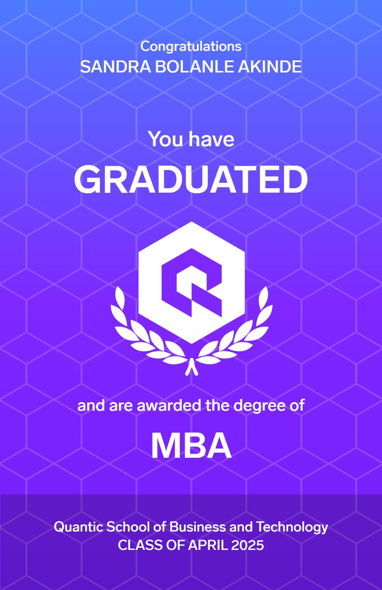 Dr Cassandra Akinde π¨π΄ & π³π¬ (@akindecassandra) on Twitter photo I am officially MBA Certified π
After 18 months of dedication, late-night studies, and countless challenges, I am thrilled to announce that I have officially earned my MBA from the prestigious Quantic School of Business and Technology <a href="/QuanticSchool/">Quantic School of Business and Technology</a>
#MBAGraduate #QuanticMBA I am officially MBA Certified π
After 18 months of dedication, late-night studies, and countless challenges, I am thrilled to announce that I have officially earned my MBA from the prestigious Quantic School of Business and Technology <a href="/QuanticSchool/">Quantic School of Business and Technology</a>
#MBAGraduate #QuanticMBA