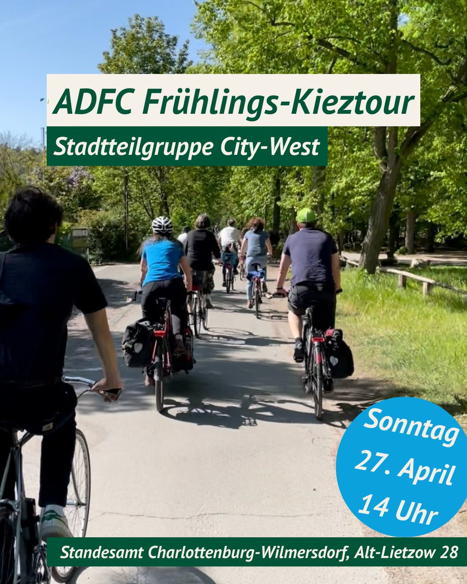 Bündnis 90/Die Grünen BVV CW (@gruenebvvcw) on Twitter photo Frühlings-Kieztour der <a href="/ADFC_CityWest/">ADFC_CityWest</a>
Thema: "Grenzen erForschen in #Charlottenburg-#Wilmersdorf"
➡️Sonntag, 27.4.25, 14:00 Uhr
➡️Standesamt Charlottenburg-Wilmersdorf (Alt-Lietzow 28)
Ende: ca. 17:00 Uhr, S-Bahnhof Grunewald Frühlings-Kieztour der <a href="/ADFC_CityWest/">ADFC_CityWest</a>
Thema: "Grenzen erForschen in #Charlottenburg-#Wilmersdorf"
➡️Sonntag, 27.4.25, 14:00 Uhr
➡️Standesamt Charlottenburg-Wilmersdorf (Alt-Lietzow 28)
Ende: ca. 17:00 Uhr, S-Bahnhof Grunewald