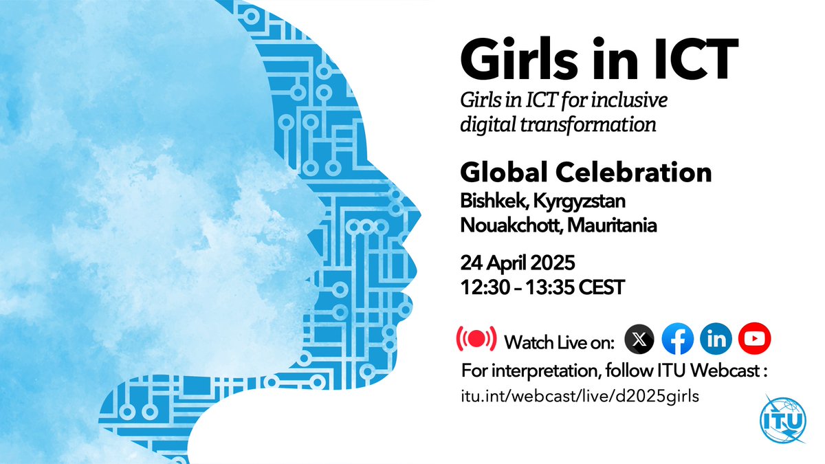 Today is the day! Watch the #GirlsinICT day global celebration live stream linking Kyrgyzstan and Mauritania from 12:30 – 13:35 CEST: 
itu.int/women-and-girl…