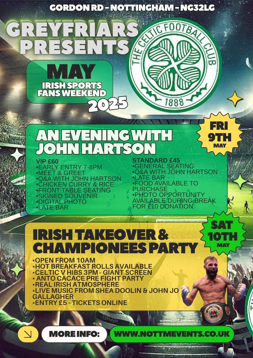 The Greyfriars Nottm (@greyfriarsnottm) on Twitter photo Do not miss <a href="/AntoC6/">🇮🇪 Anto Cacace 🇮🇹</a> army bringing the heat to Nottm on 10th May PLUS Celtic v Hibs on the Big Screen same day plus Live Music from <a href="/DoolinShea/">Shea Doolin 🇮🇪🇵🇸</a> & JohnJo Gallagher
Tickets Online Now - No entry without a ticket!
nottmevents.co.uk
<a href="/JohnHartson10/">John Hartson</a> Do not miss <a href="/AntoC6/">🇮🇪 Anto Cacace 🇮🇹</a> army bringing the heat to Nottm on 10th May PLUS Celtic v Hibs on the Big Screen same day plus Live Music from <a href="/DoolinShea/">Shea Doolin 🇮🇪🇵🇸</a> & JohnJo Gallagher
Tickets Online Now - No entry without a ticket!
nottmevents.co.uk
<a href="/JohnHartson10/">John Hartson</a>