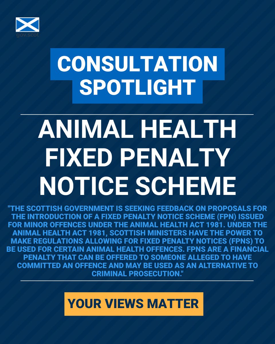 'Animal Health Fixed Penalty Notice Scheme' closes 30 May.

Find out more and respond to this consultation on Citizen Space: consult.gov.scot/animal-health-…

<a href="/scotgov/">Scottish Government</a> 
<a href="/ScotGovRural/">Scot Gov Rural</a>