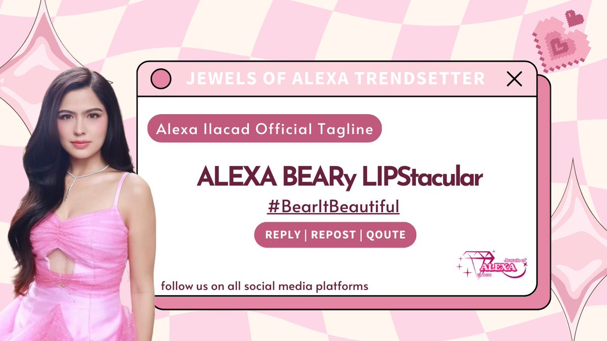 DollexaTrends's tweet photo. Alexa Ilacad's X Party
Official Tagline

ALEXA BEARy LIPStacular
#BearItBeautiful

XP Reminders:
No numbers
Minimum of three words per post
No emojis
No all capslock

Kindly drop the tag if you see this post. Thank you! https://t.co/8YKcR6UMkC