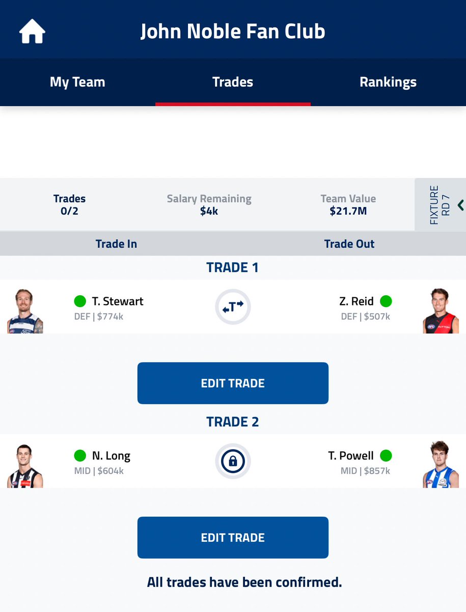 After long deliberation at board level, we have decided to welcome back Tom Stewart to the club after his one round stint to begin the season. We’d also like to welcome Nick Daicos’ bodyguard (Ned Long) to the club. Powell and Z.Reid make way after underperforming.
#AFLFantasy