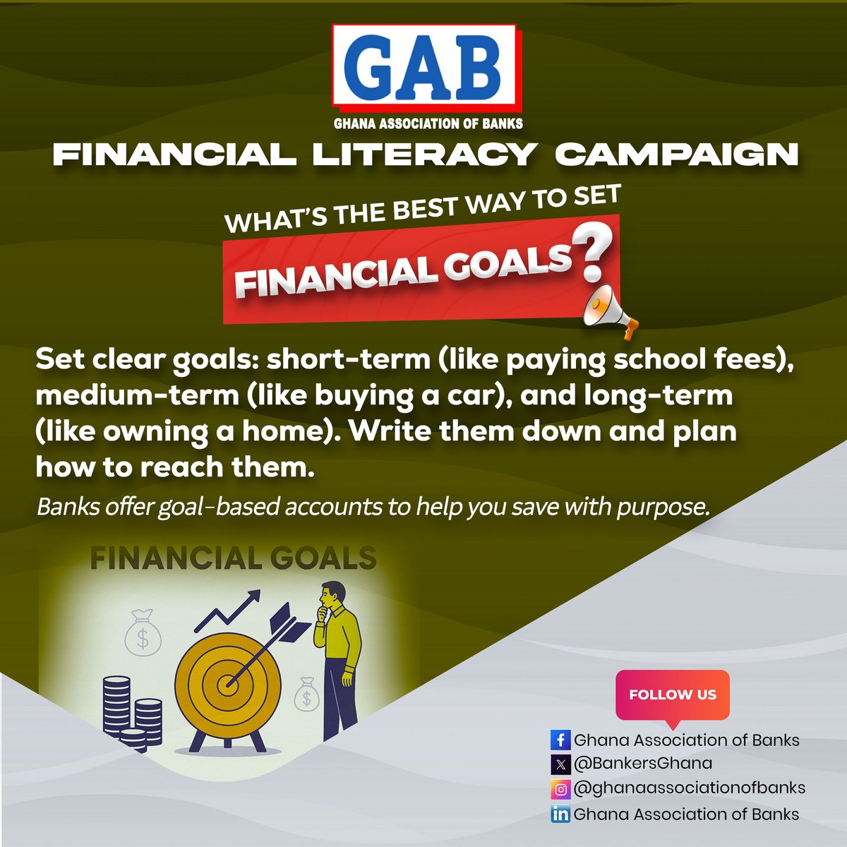 Ghana Association of Banks (@bankersghana) on Twitter photo ๐๐ฐ๐ต๐ถ๐ฒ๐๐ฒ ๐ฌ๐ผ๐๐ฟ ๐๐ฟ๐ฒ๐ฎ๐บ๐ ๐๐ถ๐๐ต ๐๐น๐ฒ๐ฎ๐ฟ ๐๐ถ๐ป๐ฎ๐ป๐ฐ๐ถ๐ฎ๐น ๐๐ผ๐ฎ๐น๐! ๐ท
Planning is the first step towards success. Whether it's paying for education, buying a car, or owning a home, setting clear financial goals helps you stay focused and organised. ๐๐ฐ๐ต๐ถ๐ฒ๐๐ฒ ๐ฌ๐ผ๐๐ฟ ๐๐ฟ๐ฒ๐ฎ๐บ๐ ๐๐ถ๐๐ต ๐๐น๐ฒ๐ฎ๐ฟ ๐๐ถ๐ป๐ฎ๐ป๐ฐ๐ถ๐ฎ๐น ๐๐ผ๐ฎ๐น๐! ๐ท
Planning is the first step towards success. Whether it's paying for education, buying a car, or owning a home, setting clear financial goals helps you stay focused and organised.