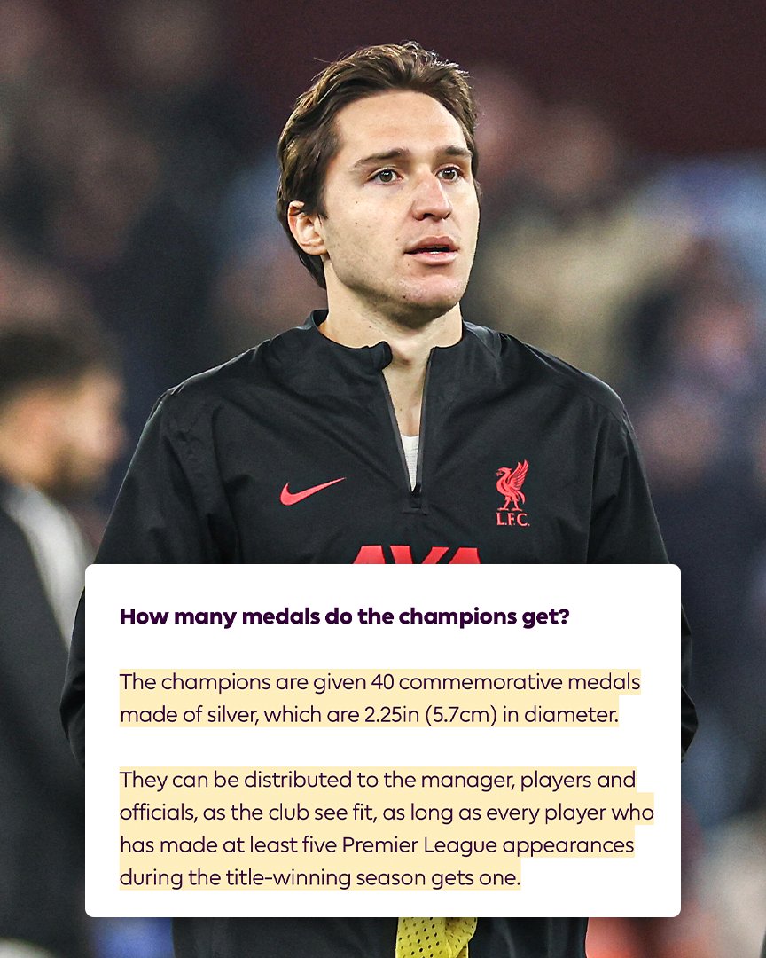 ESPNUK's tweet image. Premier League rules say players need to make five or more appearances to be guaranteed a winners’ medal.
Federico Chiesa has only played four league games all season and just 15 minutes in 2025.
This means Liverpool can still give him one but they’re not required to 😮