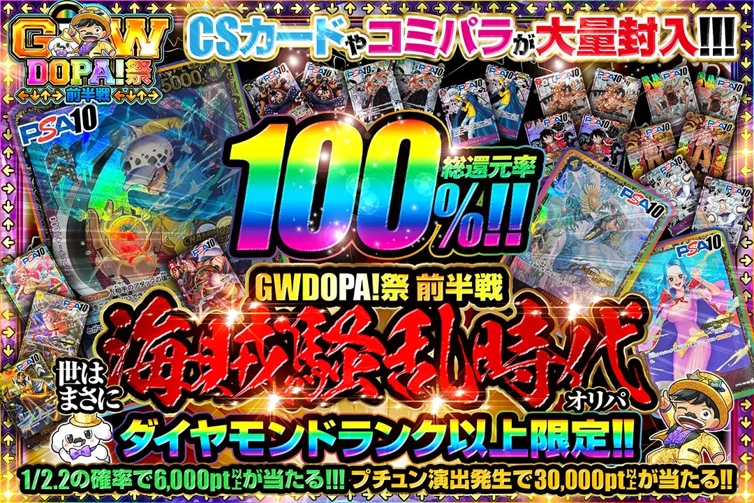 DOPA_onepiece's tweet photo. 🎊🌈GWDOPA!祭🌈🎊

🌈ダイヤモンドランク以上限定!!
🌈総還元率100%!!
🌈1/2.2の確率で6,000pt以上が当たる!!
🌈CSカードやコミパラが大量封入!!

【24時以降はランク制限解禁】

🌈世はまさに海賊騒乱時代オリパ🌈
販売開始(https://t.co/KWxiLnpiEV)

フォロー&RP&いいねで
1名様に2,000ptプレゼント
〆切 24時

※当選カードや確率は販売開始時のものです。

#DOPAオリパ #ワンピカード #DOPA祭