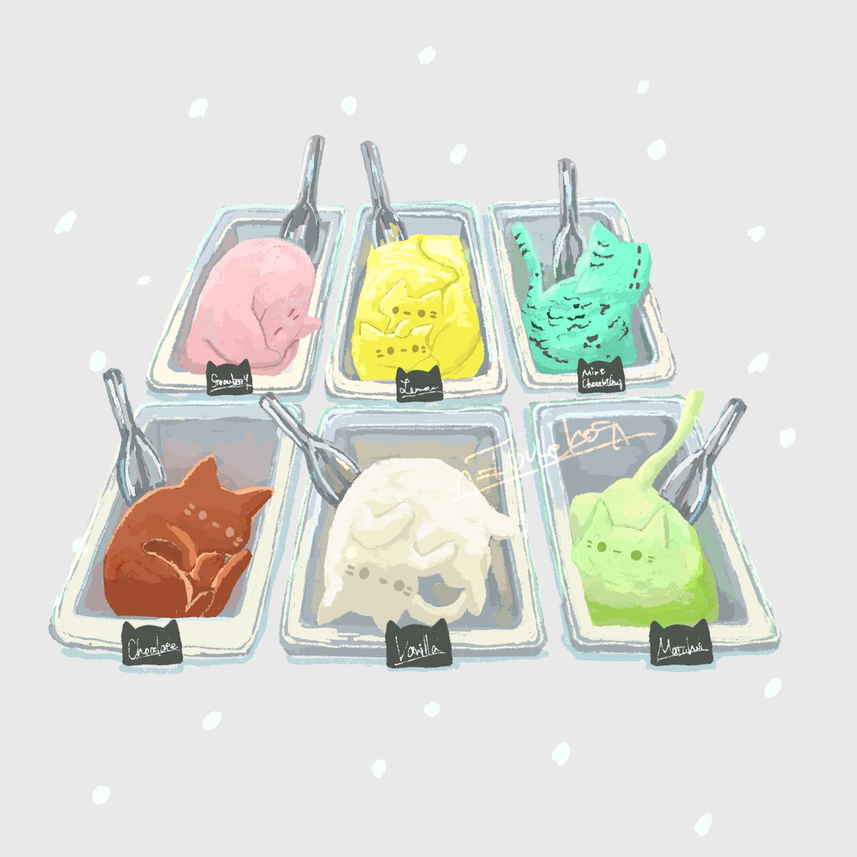 いちご　レモン　チョコミント
チョコ　バニラ　抹茶
#イラスト #illustration #AdobeFresco #猫