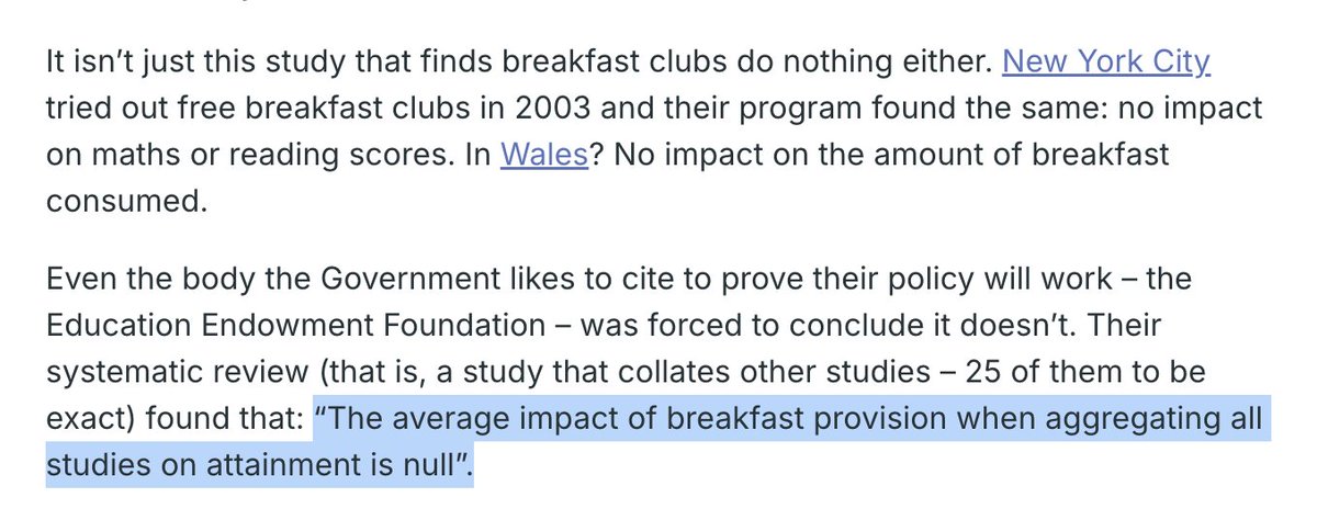 tomhfh's tweet image. What do the studies say about 'free' school breakfast clubs?

Scientists assessed 25 studies around the developed world and concluded "The average impact of breakfast provision when aggregating all studies on attainment is null".
