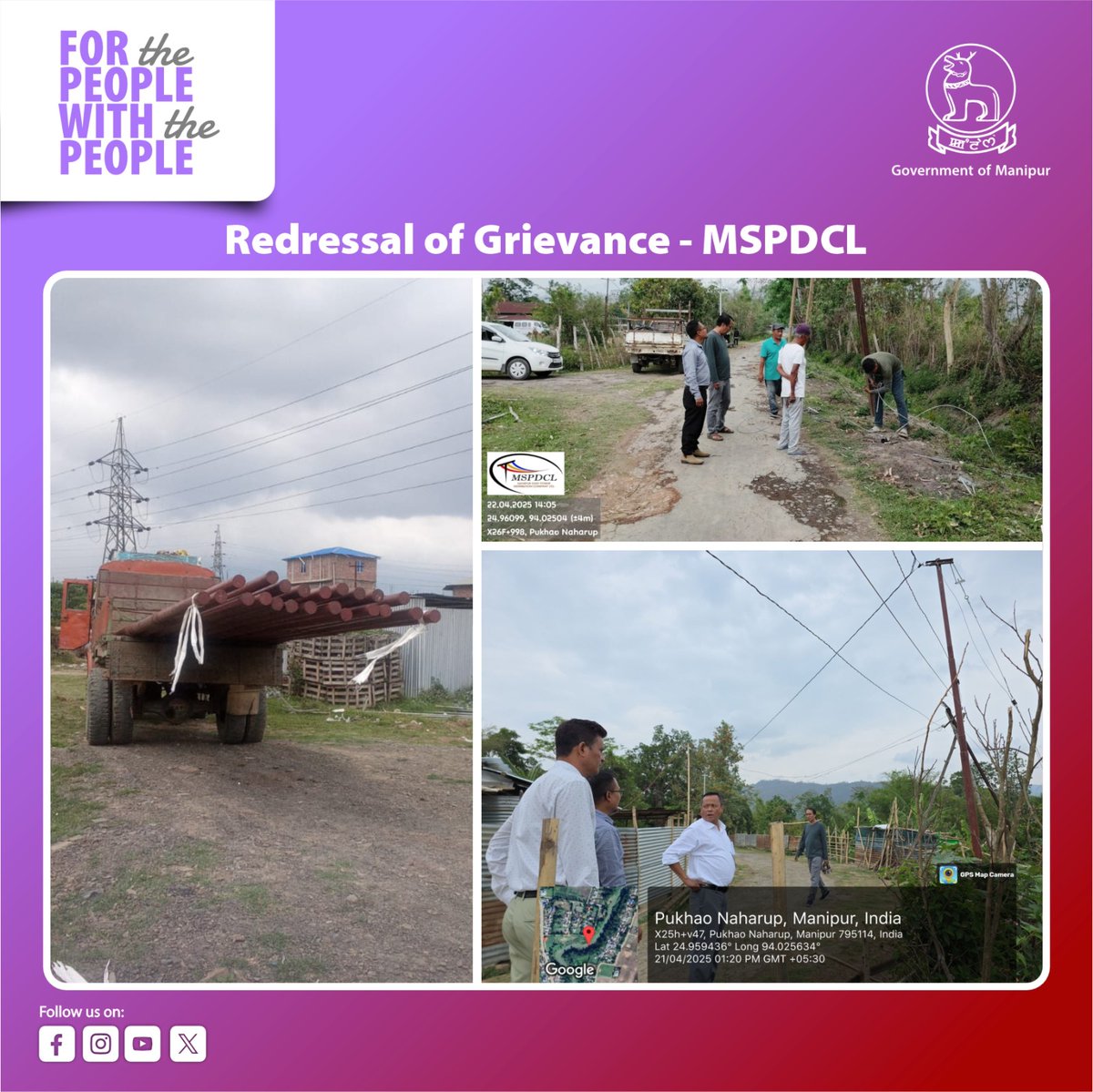 govt_of_manipur's tweet photo. The Government of Manipur, through @Powerdept_GoMn and @mspdcl_manipur, has taken prompt and decisive steps in response to a grievance shared on social media about a dangerous electric line being temporarily supported by a bamboo post in Sagolmang Khewa.

On April 17, 2025:
• A formal directive was issued for immediate investigation.
• Field inspections confirmed the bamboo support was a temporary measure to prevent power disruption and ensure public safety after recent thunderstorms damaged wooden poles.
• The area was already included in the RDSS-LR scheme for permanent infrastructure upgrades.

What’s Being Done:
• Installation of 22 new LT poles and 1.8 km of AB cable is currently underway.
• The work is being closely monitored by senior officials, with completion expected within a few days.
• The Deputy Commissioner also visited the site and verified the corrective measures.

This swift action reflects the Government’s strong commitment to public safety, transparency and infrastructure development. We appreciate the vigilance of the public and encourage continued cooperation in reporting such concerns.

#ManipurPower #GovernmentOfManipur #PublicSafetyFirst #Manipur #MSPDCL