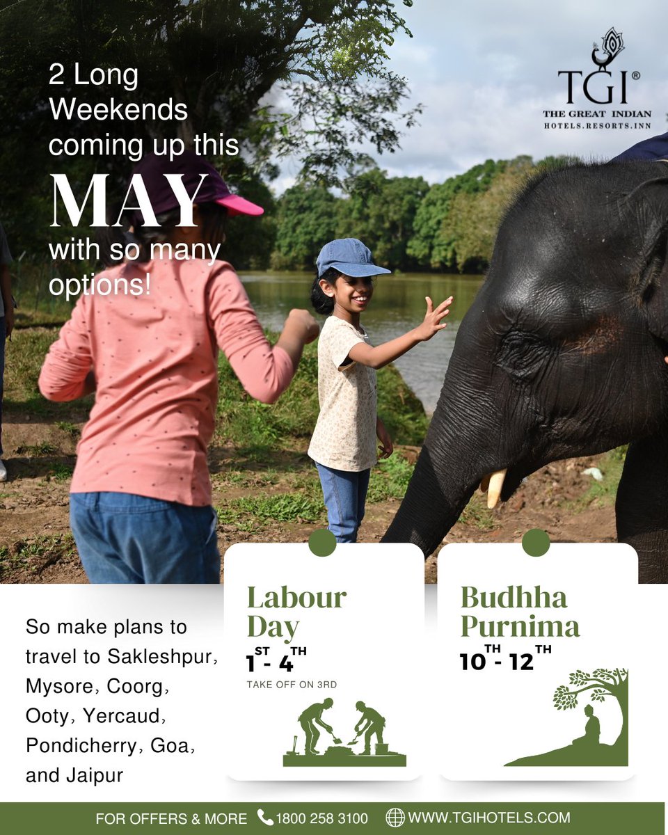 tgi_hotels's tweet image. #LongWeekendAlert May gives you two chances to escape!
Plan a quick #LabourDay getaway or a soul-refreshing #BuddhaPurnima retreat.
Hills, coast or heritage — your perfect break awaits.
📞 1800 258 3100 | 🌐 www. tgihotels.com
#ExperienceTGI #WeekendVibes