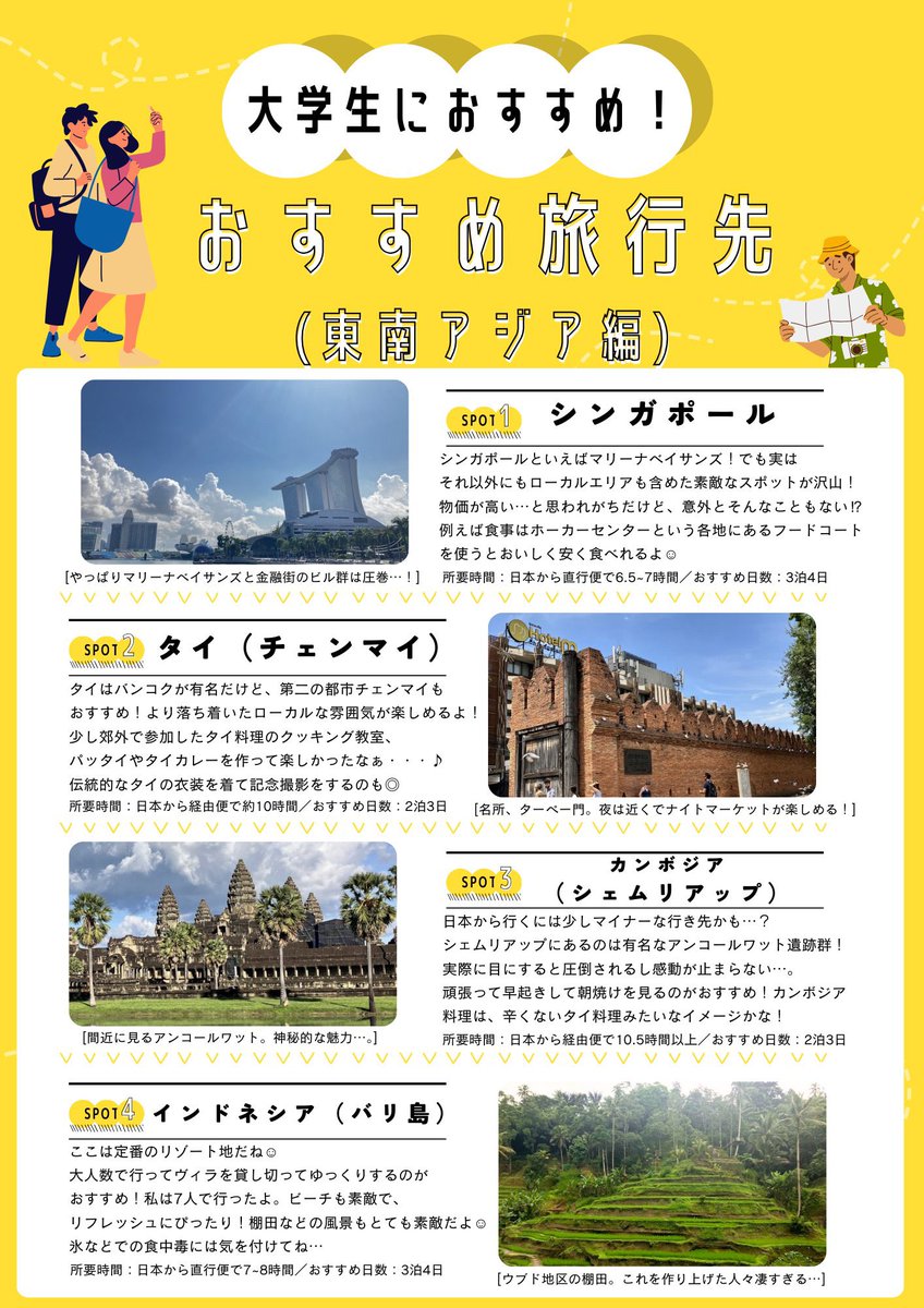 【おすすめ海外旅行先！in東南アジア】

同期の留学経験豊富な子がまとめてくれた！（実体験だから説得力ある😤）

シンガポールはちょい物価高めだけど、タイやベトナムは物価も安くて本当におすすめ！
※屋台での食中毒には気をつけてね

＃大学生　＃海外旅行