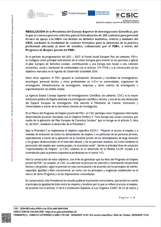 📣 Convocados 230 contratos para personal técnico de apoyo a la I+D+i en centros del <a href="/CSIC/">CSIC</a> , para menores de 30 años, con título de grado obtenido en los 3 últimos años. + info en sede.csic.gob.es/tramites/convo… #contratos #humanidades #CSIC #formacion