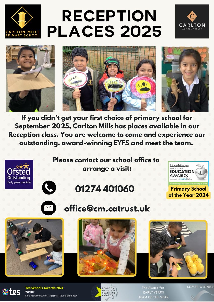 Carlton_MillsPS's tweet photo. Didn’t get your first-choice school for September 2025?
Come and see why Carlton Mills was @Bradford_TandA  Primary School of the Year 2024!
🌟Reception places available
 📍 Award-winning EYFS @Tesforteachers @TeachingAwards 
Book a visit:
📞 01274 401060
📧 office@cm.catrust.uk https://t.co/Z57soWFc8c