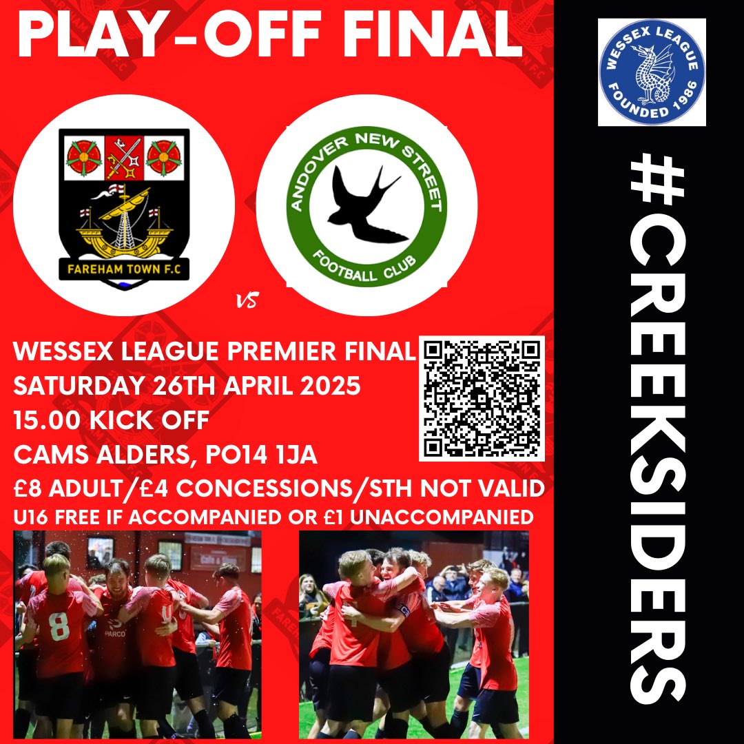 ***PLAYOFF FINAL TICKET INFO***

We have made the FINAL of the <a href="/WessexLeague/">Velocity Wessex League</a> playoffs and are proud to be able to host <a href="/AndoverNSfc/">ANDOVER NEW STREET 💚🖤⚽️</a> at Cams Alders this Saturday. 

Ticket and match info available on our website:

farehamtown.co.uk/news/ticket-in…

#Creeksiders ❤️🖤