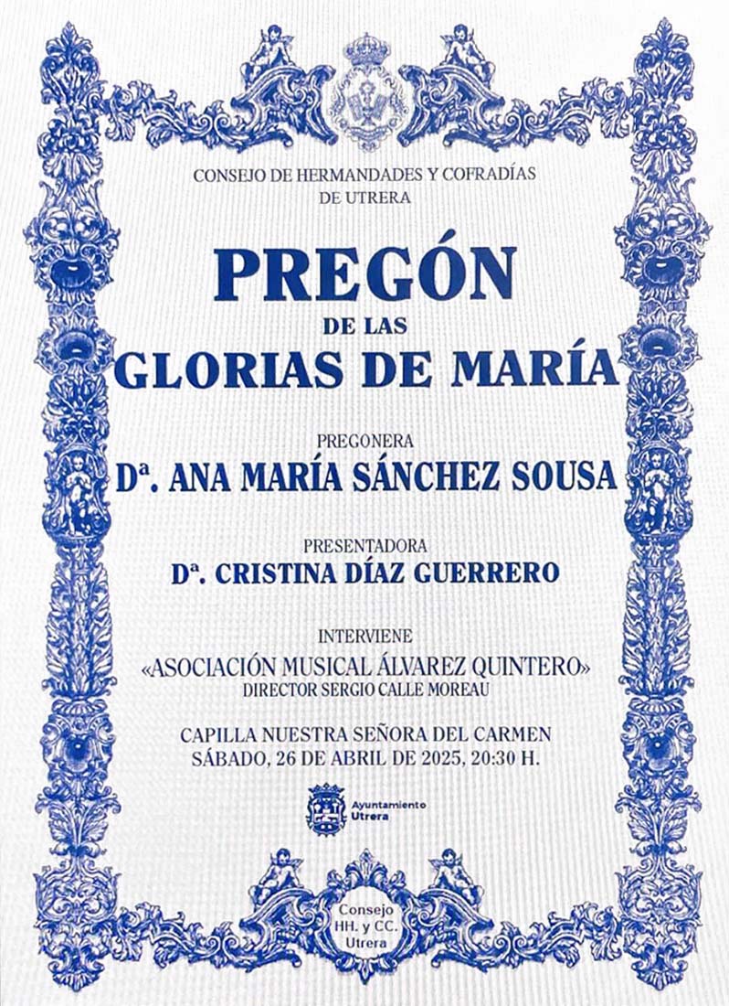 ConsejoHCUtrera's tweet photo. Pregón de las Glorias de Maria, sábado 26 abril 20:30h capilla del Carmen Colegio Salesianos.
Pregonera: Dña Ana María Sánchez Sousa
Presentadora: Dña Cristina Díaz Guerrero
Con la intervención de la Asociación Musical Álvarez Quintero (Director Sergio Calle Moreau) https://t.co/dWawaBi5I8